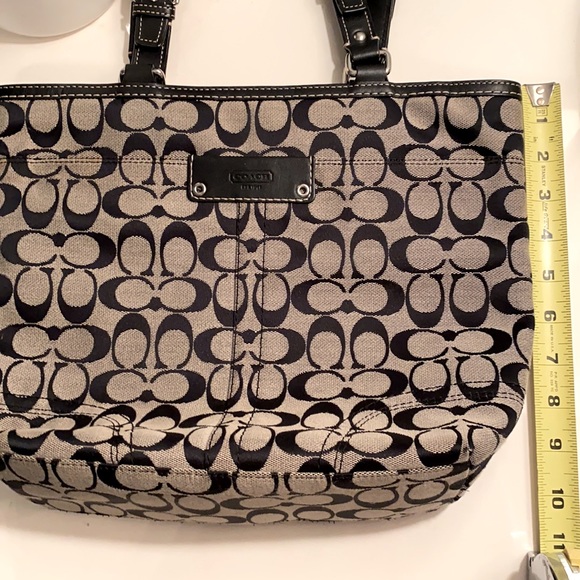 Coach vtg satchel style, black/gray w/ outer pocket, blk leather handles - Picture 9 of 10
